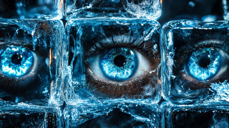 Ice wall revealing mysterious glowing blue eyes staring out from frozen cubesの素材