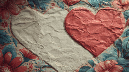 Red and white crumpled paper hearts on floral background representing love and affectionの素材