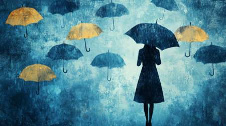 Woman standing with umbrella in rain with floating umbrellasの素材