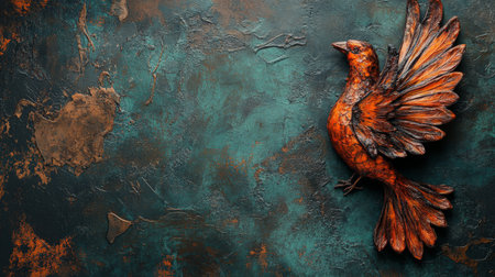 Wooden bird sculpture spreading its wings on textured backgroundの素材