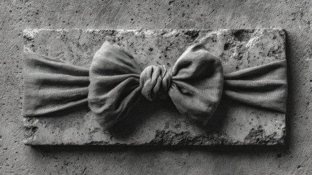 Fabric bow tied around concrete brick on textured backgroundの素材