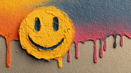 Yellow smiley face melting on colorful background dripping downの素材