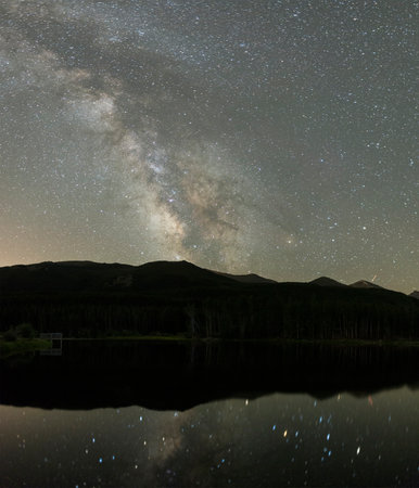Milky Way Reflection on Sprague Lake at Rocky Mountain National Parkの写真素材