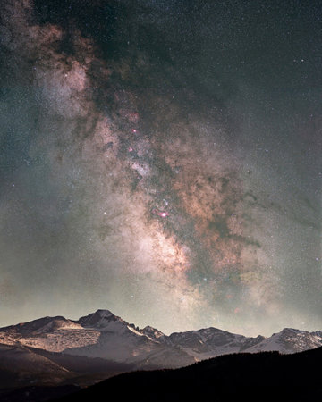 Milky Way Rising Above Snow-Capped Peaks, Rocky Mountain National Parkの写真素材