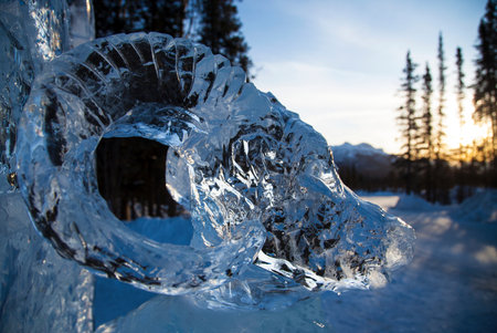 Part of the Winterfest ice sculpture by Larry Moen gazes off toward the rising sun.
Winterfest Ice Sculpture at Sunriseの写真素材