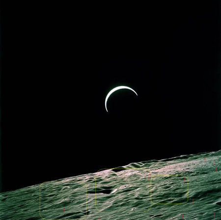 Apollo 15 Lunar Landing: Crescent Earth, Moonâs Horizonの写真素材