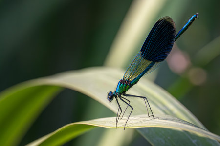 A stunning close up of  Calopteryx splendens (Banded Demoiselle) captured in the evening light in Kottingbrunnの写真素材