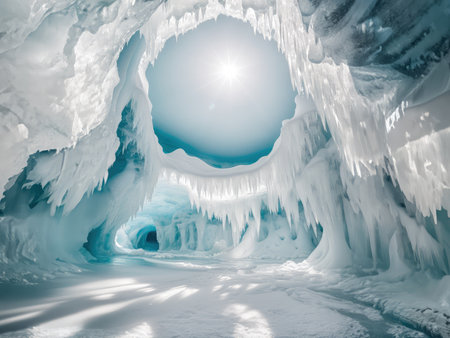 Discover the mesmerizing beauty of an ethereal ice cave, where an otherworldly light pierces through the frozen crystalline walls, creating a breathtaking spectacle of nature's wonders. Allow yourself to be enchanted by the serene and magical ambiance of this captivating frozen realm.の素材