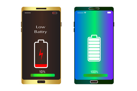 cell phone show low battery 10% and one smart mobile is full vector template illustration  isolated on white backgroundのイラスト素材