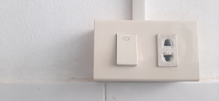 Electrical light switch on white wall, close up, wide photo