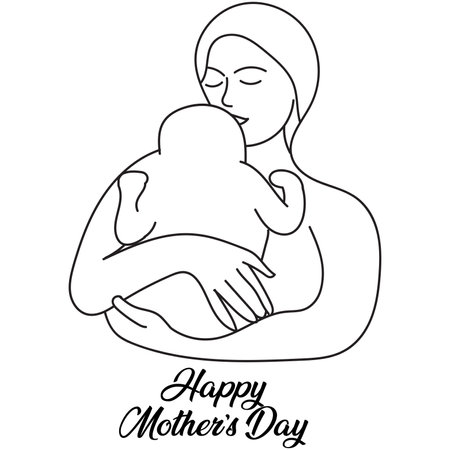 Motherâs Day drawing or doodle line art cartoon illustration, sketch of mother and child portrait and holding son or kid love together for greeting cardのイラスト素材