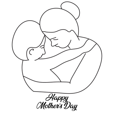 Motherâs Day drawing or doodle line art cartoon illustration, sketch of mother and child portrait and holding son or kid love together for greeting cardのイラスト素材