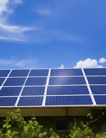 Solar cell panels system close up, alternative source of electricity, Solar power plant, energy, environmental protection, saving light with sunlight on blue sky, solar cell power supply electricityの写真素材