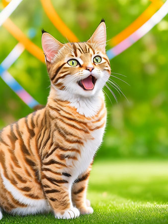 Portrait of beautiful bengal cat sitting on green grass in gardenの写真素材