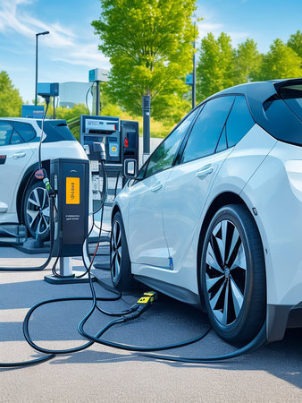 Charge electric vehicle connect to power supply to charging the battery technology industry to transport in public location on road, automobile plug in car, charging station auto plug closeupの写真素材