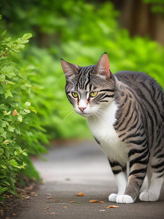 Beautiful cat sitting on the road in the garden with green backgroundの写真素材