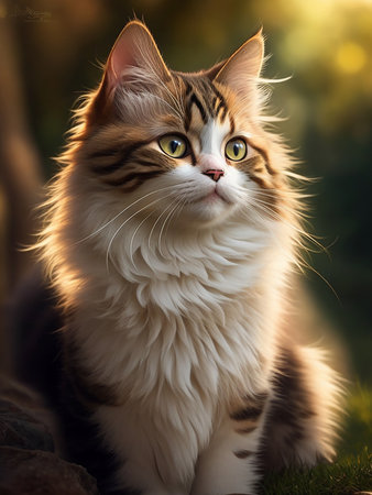 Portrait of a beautiful siberian cat in the rays of the setting sunの写真素材