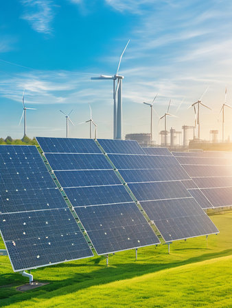 Solar panels and wind turbines in the field. Alternative energy source.