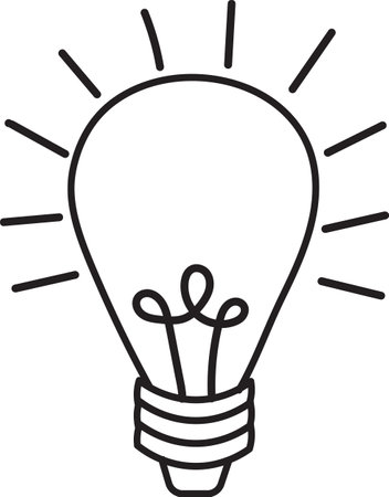 Light bulb drawing, Lamp doodle icon or outline with black lines of bright, electric lamp concept blackのイラスト素材