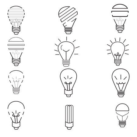Light bulb drawing set, Lamp doodle icon or outline with black lines of bright, electric lamp concept blackのイラスト素材