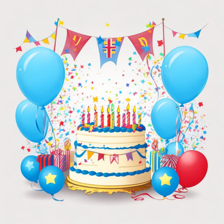 Happy birthday cake with candles, birthday flags, gifts, ribbons, balloons to celebrate anniversaryの写真素材