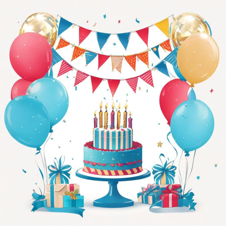 Happy birthday cake with candles, birthday flags, gifts, ribbons, balloons to celebrate anniversaryの写真素材
