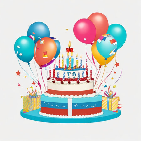 Happy birthday cake with candles, birthday flags, gifts, ribbons, balloons to celebrate anniversaryの写真素材