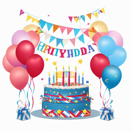 Happy birthday cake with candles, birthday flags, gifts, ribbons, balloons to celebrate anniversaryの写真素材