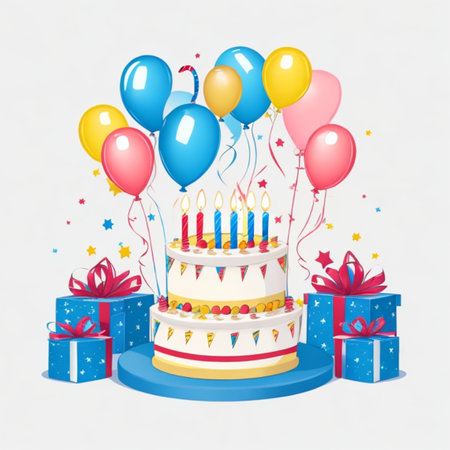 Happy birthday cake with candles, birthday flags, gifts, ribbons, balloons to celebrate anniversaryの写真素材