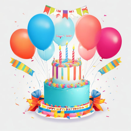 Happy birthday cake with candles, birthday flags, gifts, ribbons, balloons to celebrate anniversaryの写真素材