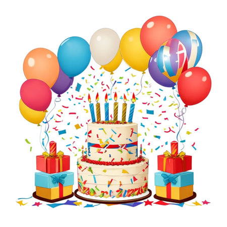 Happy birthday cake with candles, birthday flags, gifts, ribbons, balloons to celebrate anniversaryの写真素材