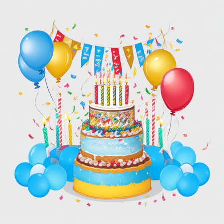 Happy birthday cake with candles, birthday flags, gifts, ribbons, balloons to celebrate anniversaryの写真素材