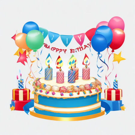 Happy birthday cake with candles, birthday flags, gifts, ribbons, balloons to celebrate anniversaryの写真素材