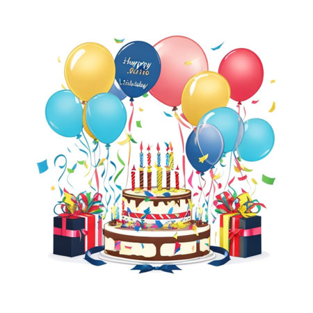 Happy birthday cake with candles, birthday flags, gifts, ribbons, balloons to celebrate anniversaryの写真素材