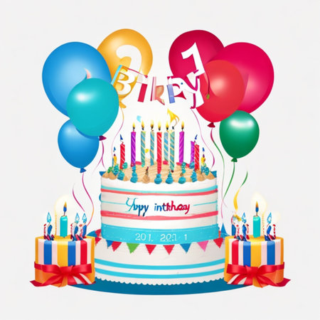 Happy birthday cake with candles, birthday flags, gifts, ribbons, balloons to celebrate anniversaryの写真素材