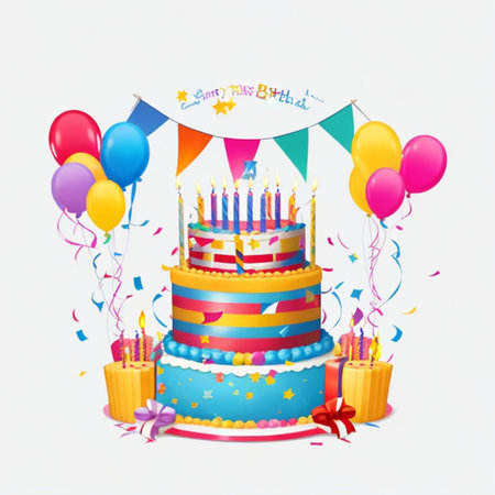 Happy birthday cake with candles, birthday flags, gifts, ribbons, balloons to celebrate anniversaryの写真素材