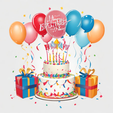 Happy birthday cake with candles, birthday flags, gifts, ribbons, balloons to celebrate anniversaryの写真素材