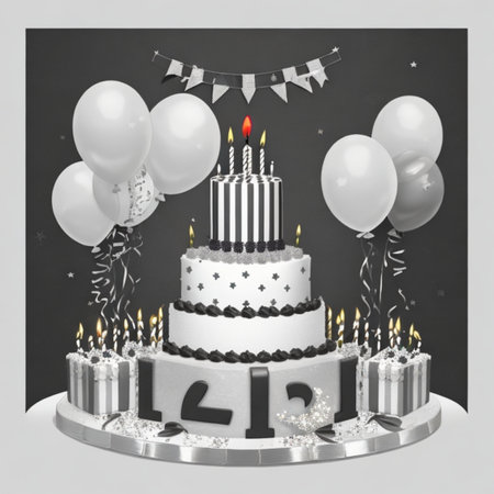 Happy birthday cake with candles, birthday flags, gifts, ribbons, balloons to celebrate anniversaryの写真素材