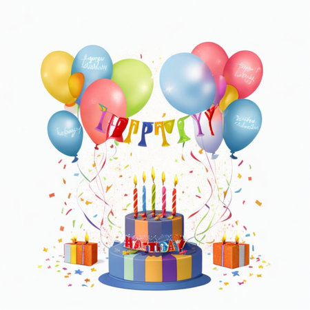 Happy birthday cake with candles, birthday flags, gifts, ribbons, balloons to celebrate anniversaryの写真素材