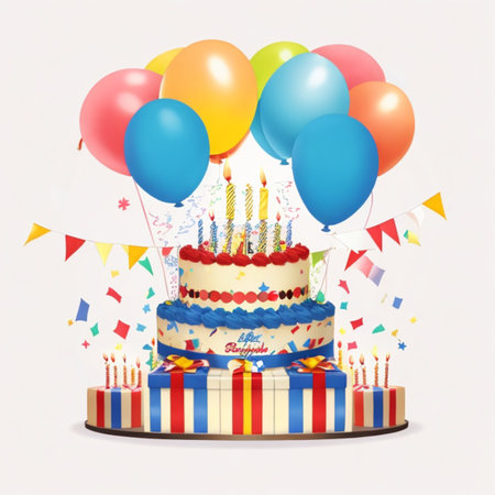 Happy birthday cake with candles, birthday flags, gifts, ribbons, balloons to celebrate anniversaryの写真素材