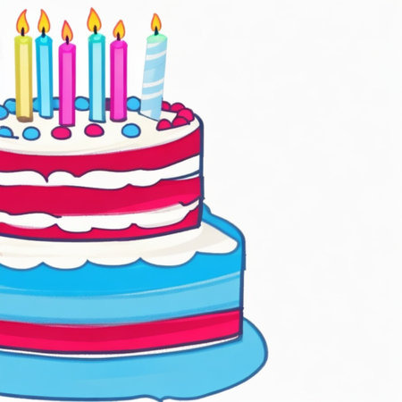 Happy birthday cake with candles, birthday flags, gifts, ribbons, balloons to celebrate anniversaryの写真素材