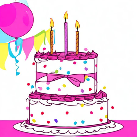 Happy birthday cake with candles, birthday flags, gifts, ribbons, balloons to celebrate anniversaryの写真素材
