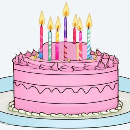 Happy birthday cake with candles, birthday flags, gifts, ribbons, balloons to celebrate anniversaryの写真素材