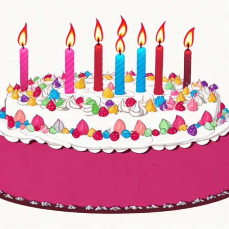 Happy birthday cake with candles, birthday flags, gifts, ribbons, balloons to celebrate anniversaryの写真素材