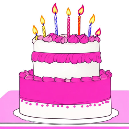 Happy birthday cake with candles, birthday flags, gifts, ribbons, balloons to celebrate anniversary