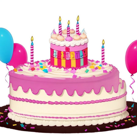 Happy birthday cake with candles, birthday flags, gifts, ribbons, balloons to celebrate anniversaryの写真素材