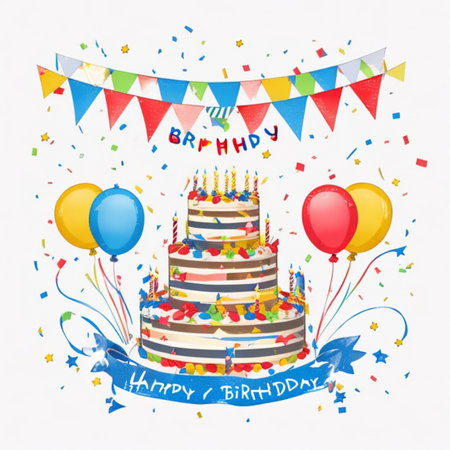 Happy birthday cake with candles, birthday flags, gifts, ribbons, balloons to celebrate anniversaryの写真素材