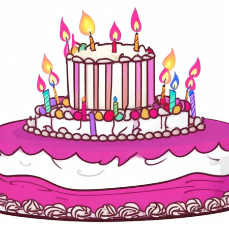Happy birthday cake with candles, birthday flags, gifts, ribbons, balloons to celebrate anniversaryの写真素材