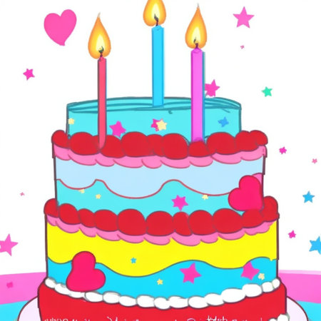 Happy birthday cake with candles, birthday flags, gifts, ribbons, balloons to celebrate anniversaryの写真素材