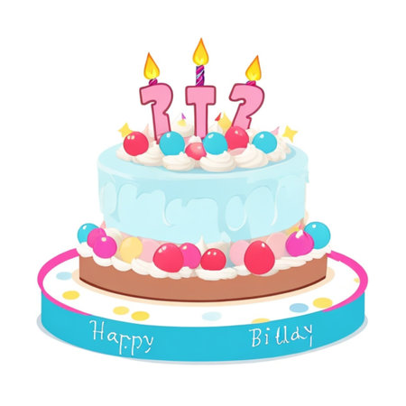 Happy birthday cake with candles, birthday flags, gifts, ribbons, balloons to celebrate anniversaryの写真素材